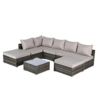 Ensemble de canapé d'angle d'extérieur 8 pièces avec coussins lavables et table basse en verre