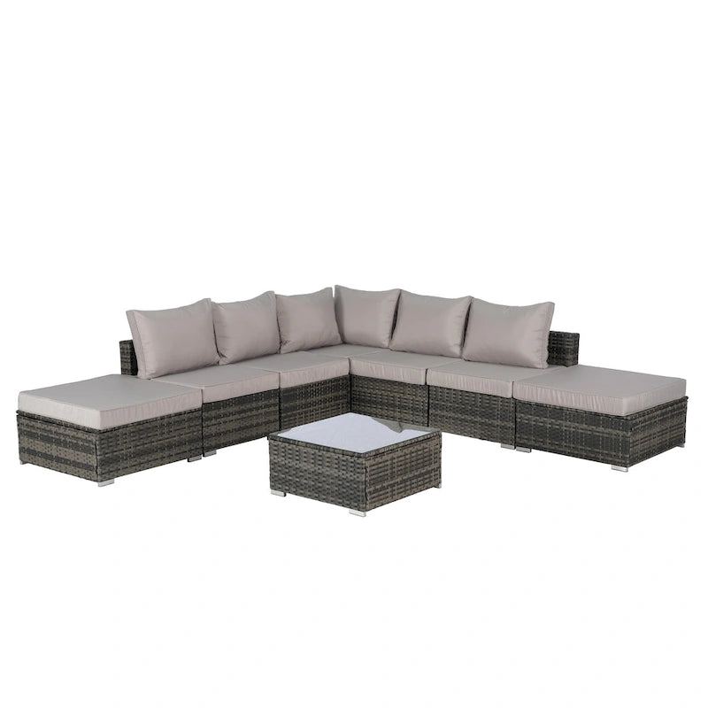 Ensemble de canapé d'angle d'extérieur 8 pièces avec coussins lavables et table basse en verre