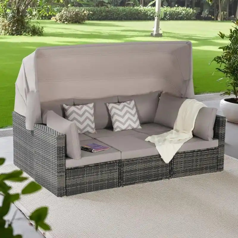 Set Divano Letto Da Esterno a 5 Pezzi in Vimini con Baldacchino Retrattile, Tavolo Riponibile