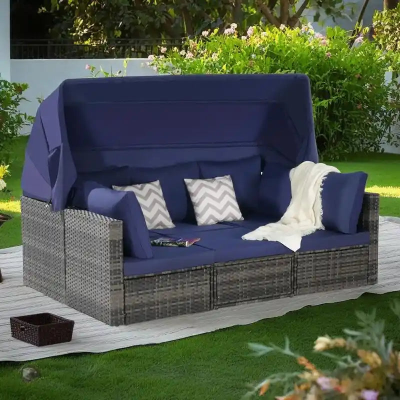 Set Divano Letto Da Esterno a 5 Pezzi in Vimini con Baldacchino Retrattile, Tavolo Riponibile
