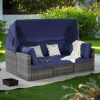 5-Piece Outdoor Patio Wicker Daybed Set with Retractable Canopy, Storable Table