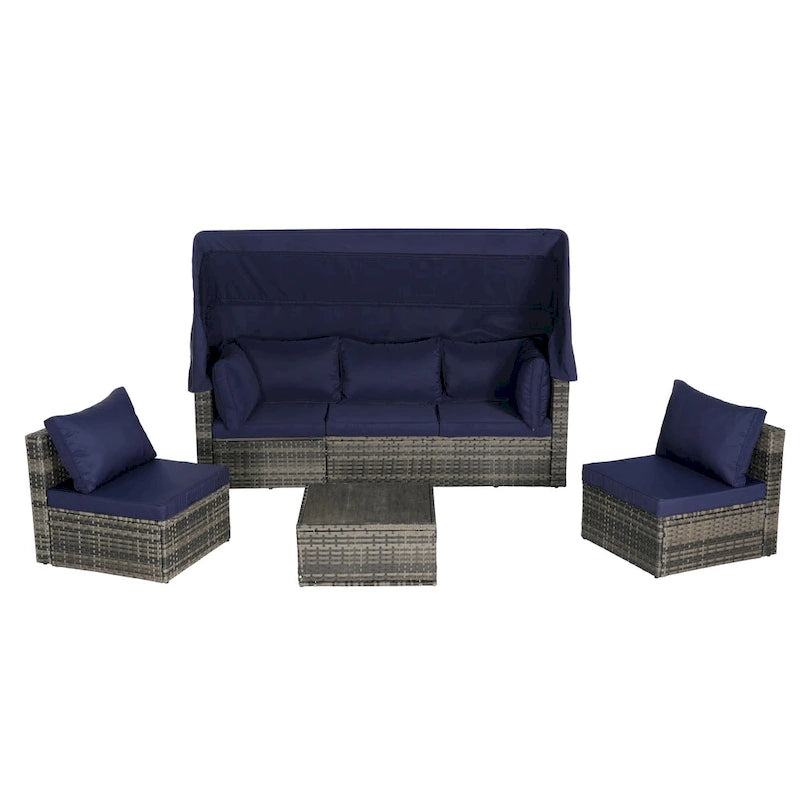 Ensemble de lit de repos d'extérieur 5 pièces en osier avec auvent rétractable et table encastrable