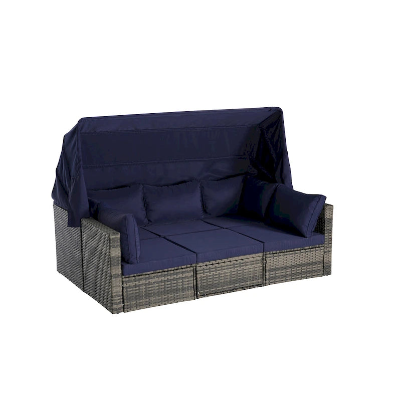 Set Divano Letto Da Esterno a 5 Pezzi in Vimini con Baldacchino Retrattile, Tavolo Riponibile