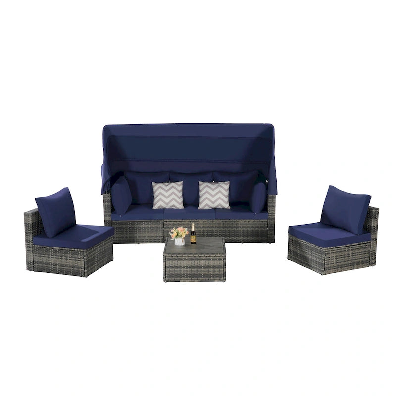 Set Divano Letto Da Esterno a 5 Pezzi in Vimini con Baldacchino Retrattile, Tavolo Riponibile