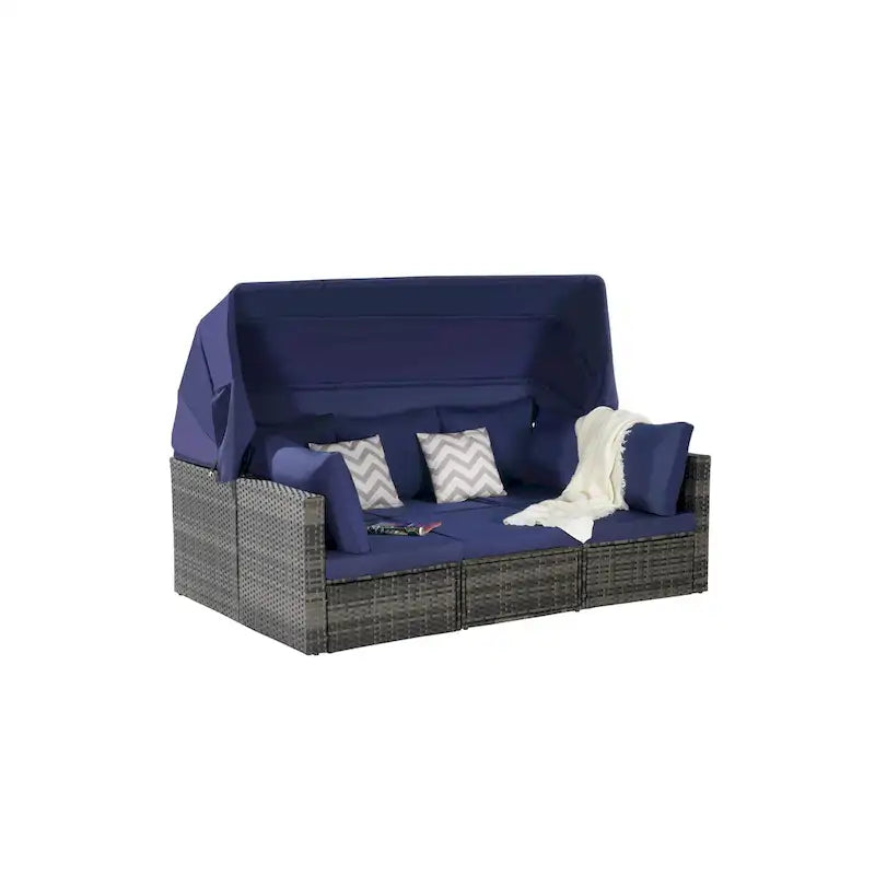 Set Divano Letto Da Esterno a 5 Pezzi in Vimini con Baldacchino Retrattile, Tavolo Riponibile