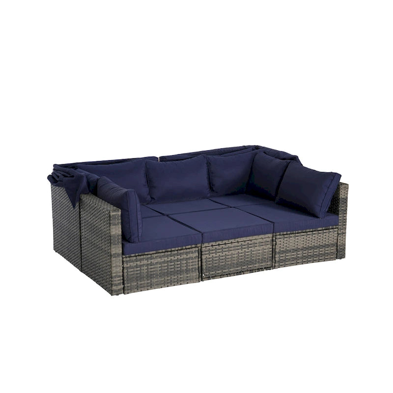 Ensemble de lit de repos d'extérieur 5 pièces en osier avec auvent rétractable et table encastrable