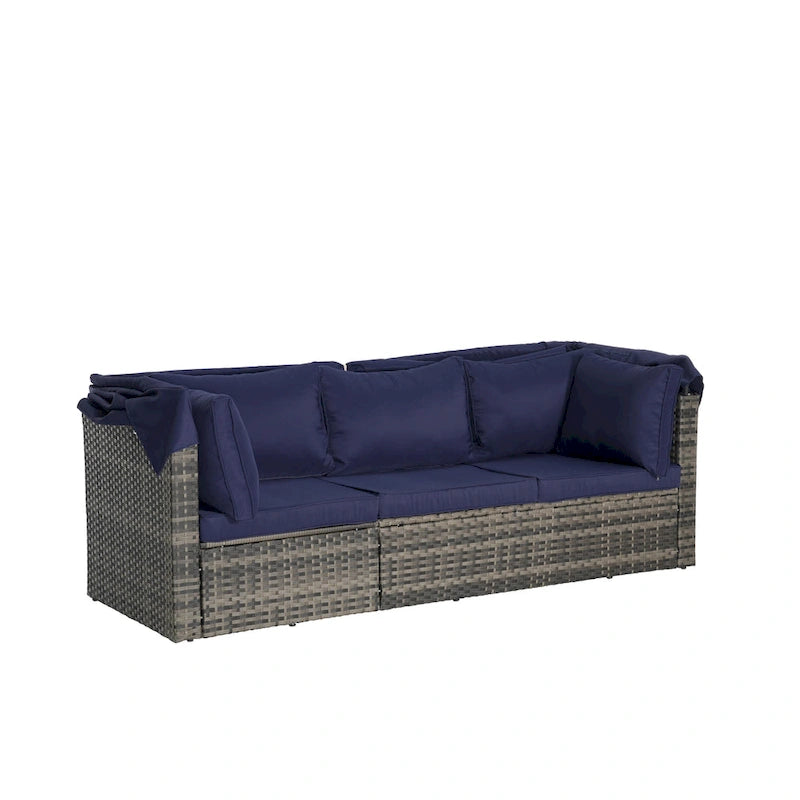 Ensemble de lit de repos d'extérieur 5 pièces en osier avec auvent rétractable et table encastrable
