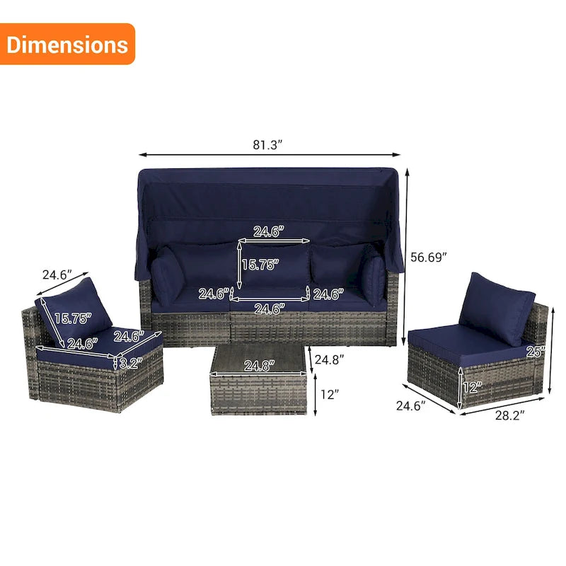 Ensemble de lit de repos d'extérieur 5 pièces en osier avec auvent rétractable et table encastrable