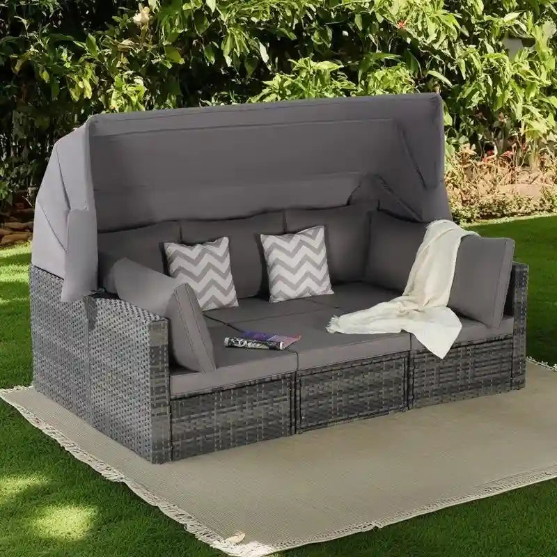 Ensemble de lit de repos d'extérieur 5 pièces en osier avec auvent rétractable et table encastrable