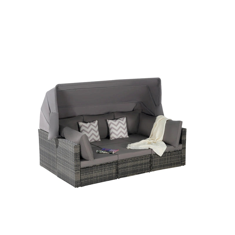 Ensemble de lit de repos d'extérieur 5 pièces en osier avec auvent rétractable et table encastrable