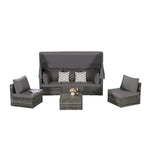 Ensemble de lit de repos d'extérieur 5 pièces en osier avec auvent rétractable et table encastrable