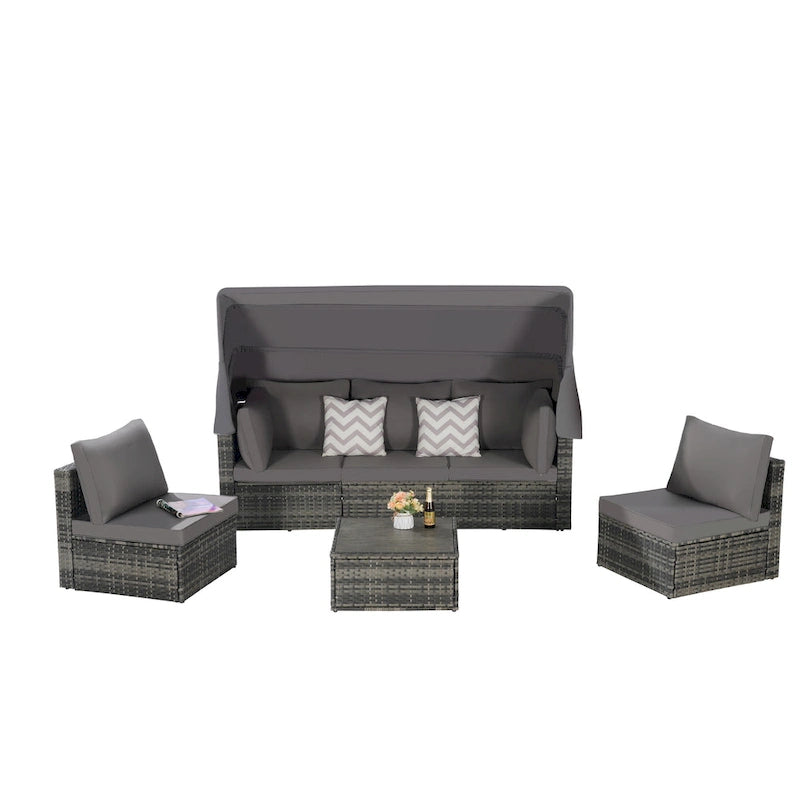 Ensemble de lit de repos d'extérieur 5 pièces en osier avec auvent rétractable et table encastrable