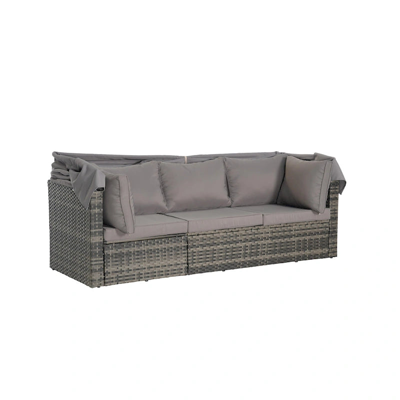 Ensemble de lit de repos d'extérieur 5 pièces en osier avec auvent rétractable et table encastrable