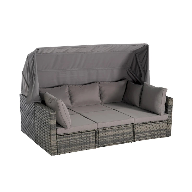 Ensemble de lit de repos d'extérieur 5 pièces en osier avec auvent rétractable et table encastrable