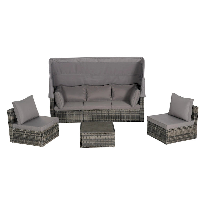 Ensemble de lit de repos d'extérieur 5 pièces en osier avec auvent rétractable et table encastrable