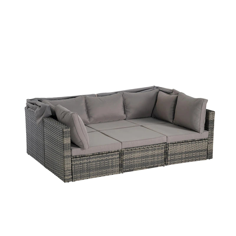 Ensemble de lit de repos d'extérieur 5 pièces en osier avec auvent rétractable et table encastrable