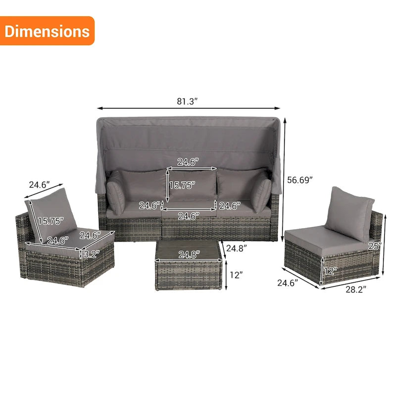 Ensemble de lit de repos d'extérieur 5 pièces en osier avec auvent rétractable et table encastrable