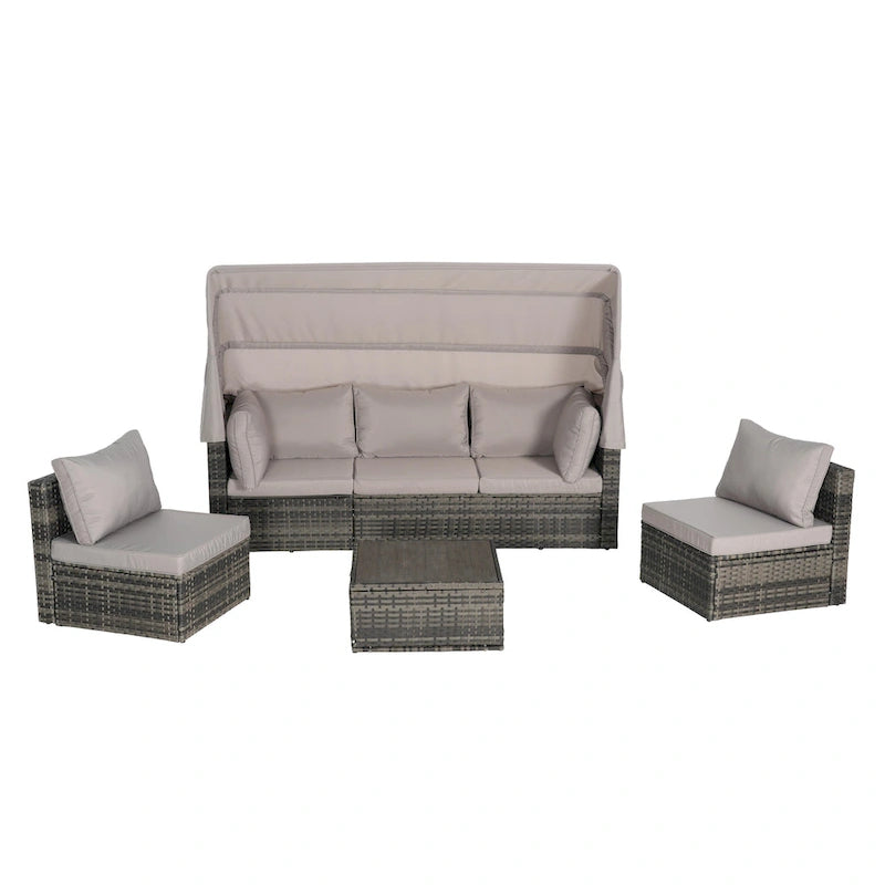 Ensemble de lit de repos d'extérieur 5 pièces en osier avec auvent rétractable et table encastrable