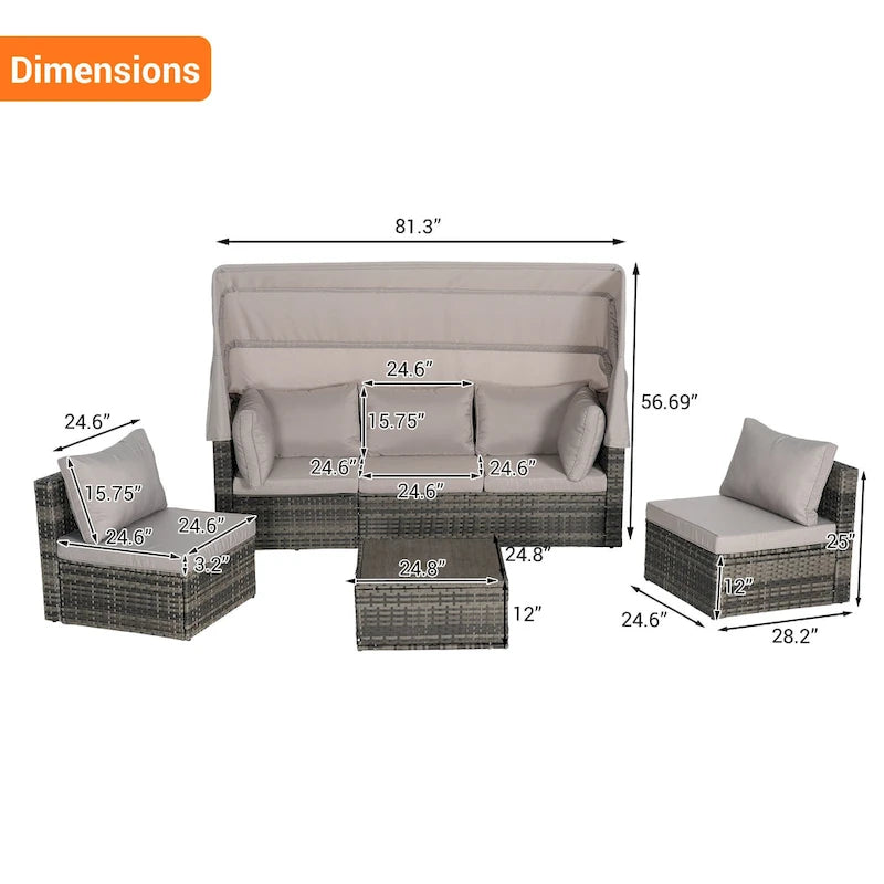 Ensemble de lit de repos d'extérieur 5 pièces en osier avec auvent rétractable et table encastrable