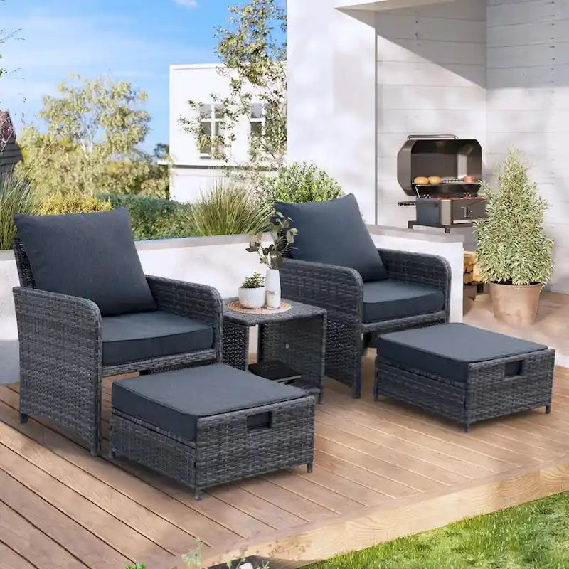 5-Piece Outdoor Wicker Conversation Chairs Set with Ottomans and Table