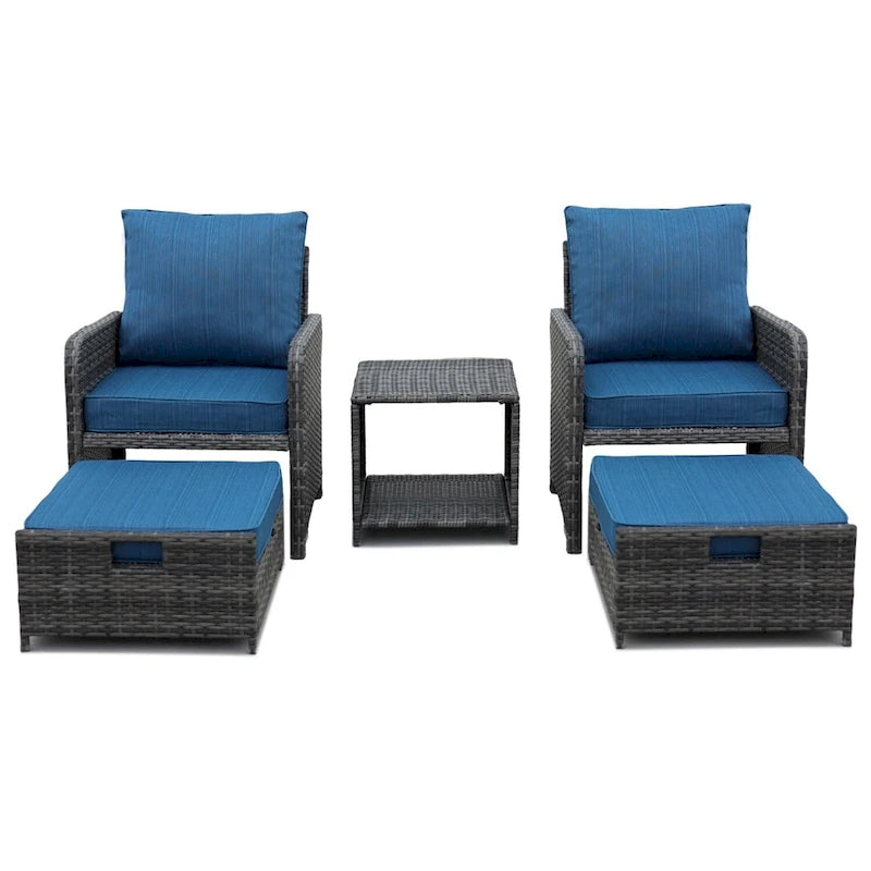 Set da 5 Pezzi da Esterno con Poltrone e Pouf in Wicker e Tavolino
