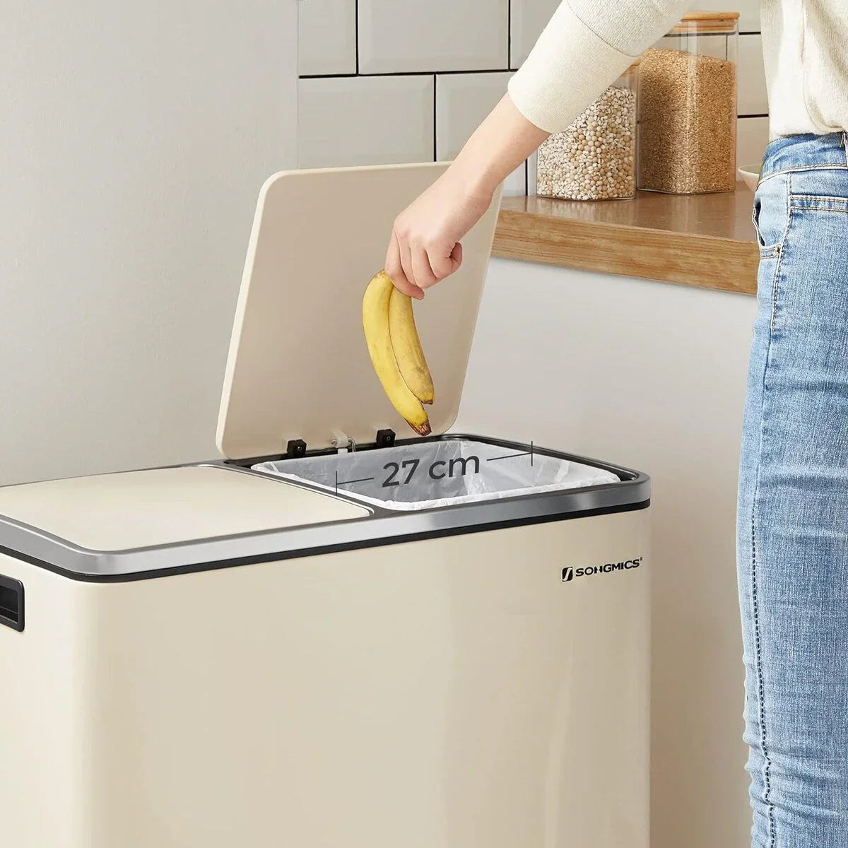 SONGMICS Pattumiera Doppia, 60L (16 Gallon) Contenitore per la Spazzatura in Acciaio Inossidabile, Mandorla