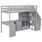 Letto a soppalco singolo con scrivania a L, 3 cassetti, armadio, contenitore per scale, struttura in pino massiccio/MDF
