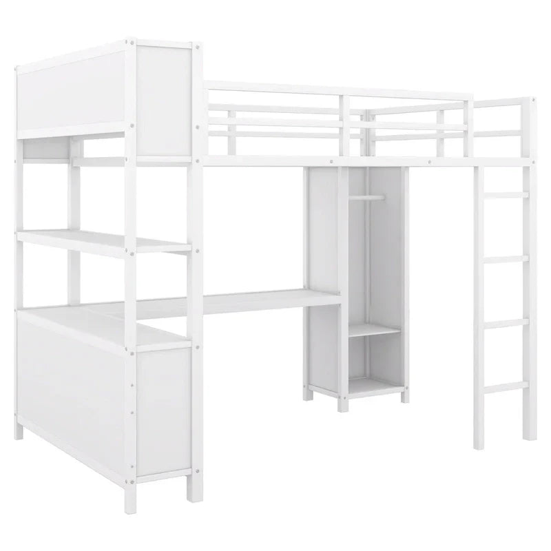 Letto a soppalco in metallo Off-White con scrivania e armadio - Matrimoniale