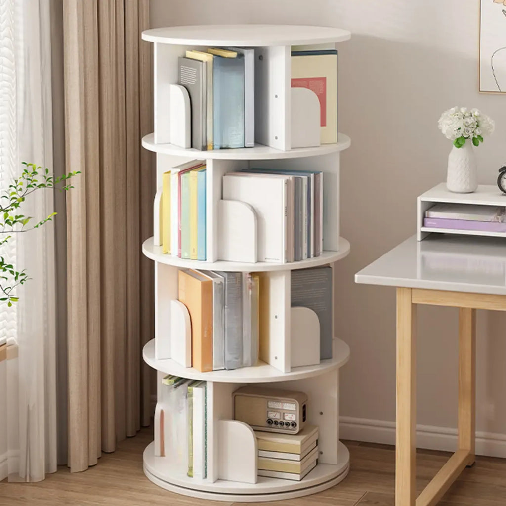 Libreria girevole cilindrica in legno marrone con schienale aperto