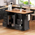 Isola Cucina Espandibile con Ante a Scomparsa, Carrello Cucina su 4 Ruote con Presa Elettrica, Tavolo Isola Mobile con 2 Ante e 6 Cassetti