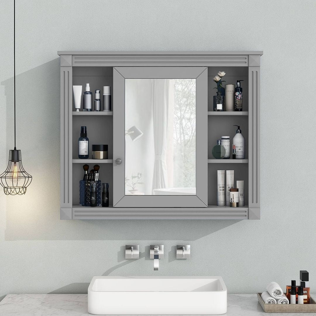 Mobile Bagno Moderno da 90cm con Lavabo Integrato e Specchiera, 2 Ante e 2 Cassetti