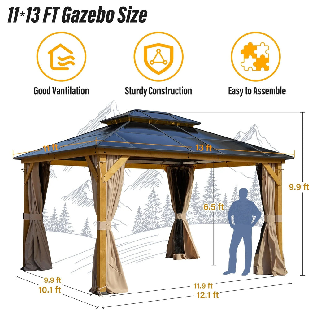 EROMMY Gazebo a tetto rigido, Pergola da esterno con doppio tetto, zanzariere e tende, Tenda da sole resistente per patio, cortile, feste in piscina