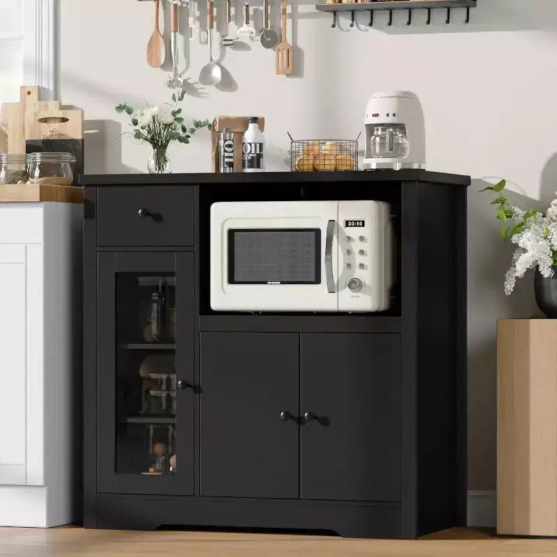 Mobiletto da cucina per microonde con contenitore, con 3 ante, 1 cassetto e ripiani regolabili, mobiletto dispensa