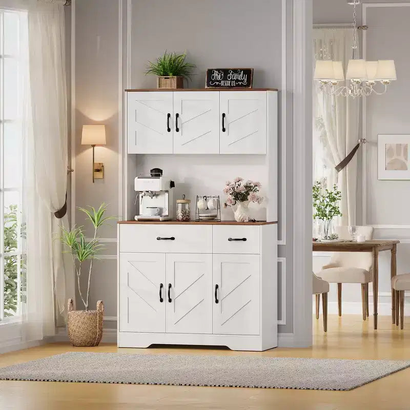 Mobile dispensa da cucina da 71" con stazione di ricarica, ampio piano di lavoro, supporto per microonde e 2 cassetti, mobile contenitore per sala da pranzo e soggiorno