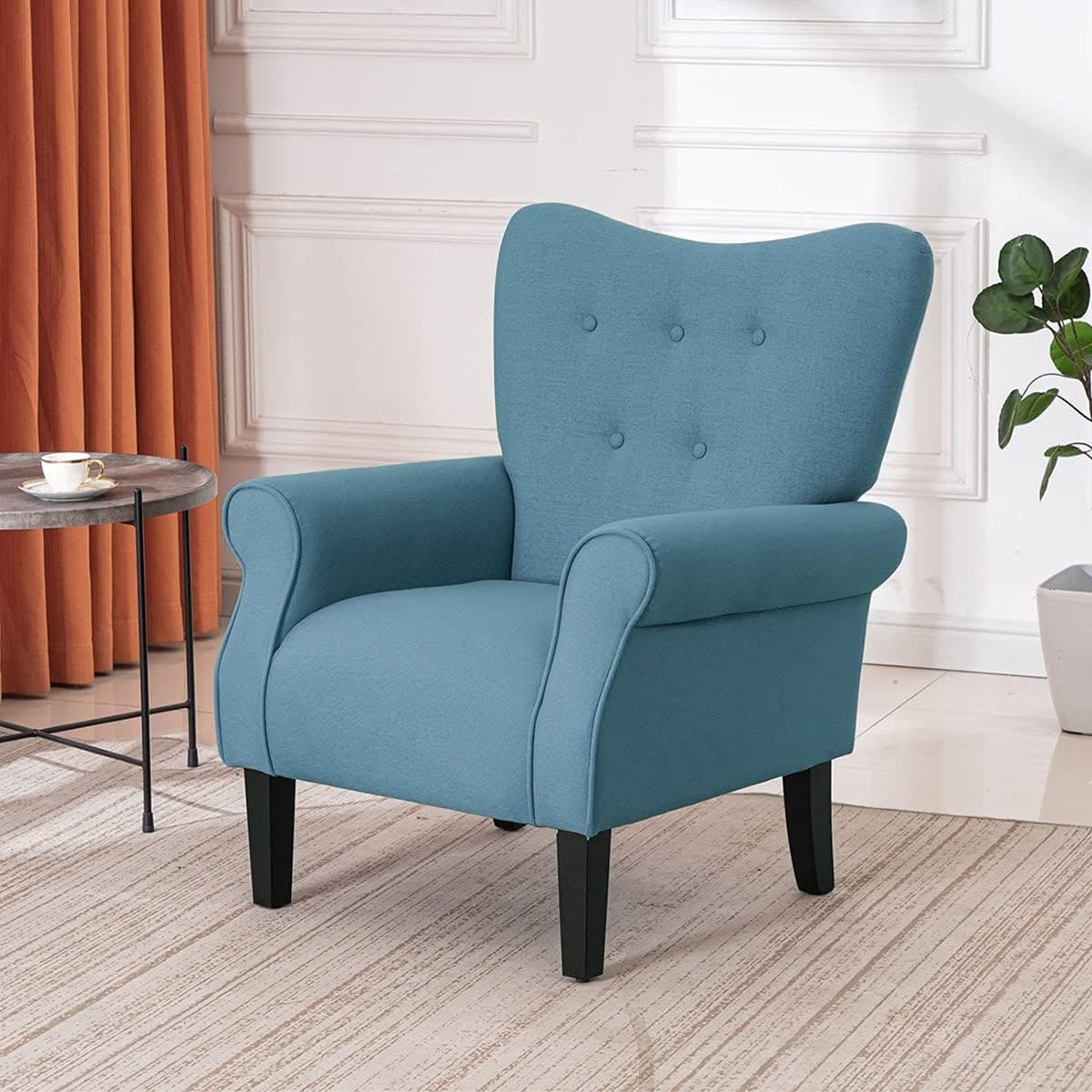 Poltrona moderna Erommy, Poltrona con schienale alto, Poltrona singola in tessuto imbottita con bottoni e gambe in legno per soggiorno