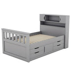 Letto a piattaforma Twin/Full Size Captain con 4 cassetti e mensole portaoggetti, struttura letto in legno massello con testiera libreria contenitore