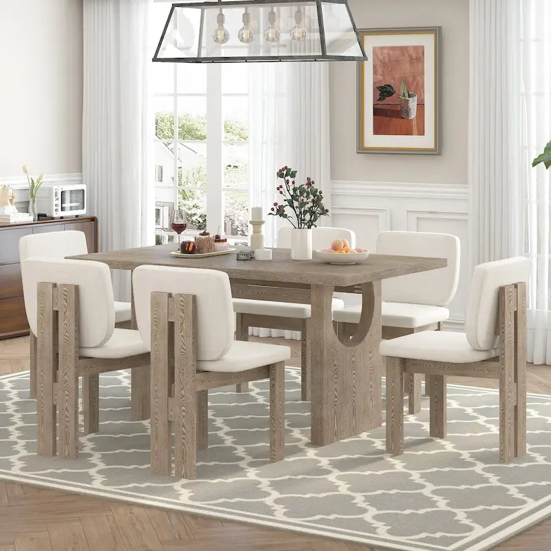 Set da pranzo transizionale in legno da 7 pezzi con tavolo rettangolare e 6 sedie