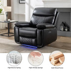 Divano reclinabile elettrico con caricabatterie wireless, luce di lettura, luce LED per soggiorno, similpelle, porta AC/USB, portabicchieri, nero