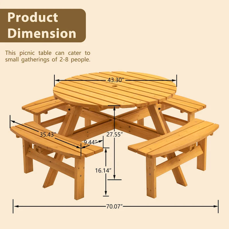 Set da pranzo rotondo da picnic per 8 persone in legno di abete da esterno con 4 panche integrate e foro per ombrellone
