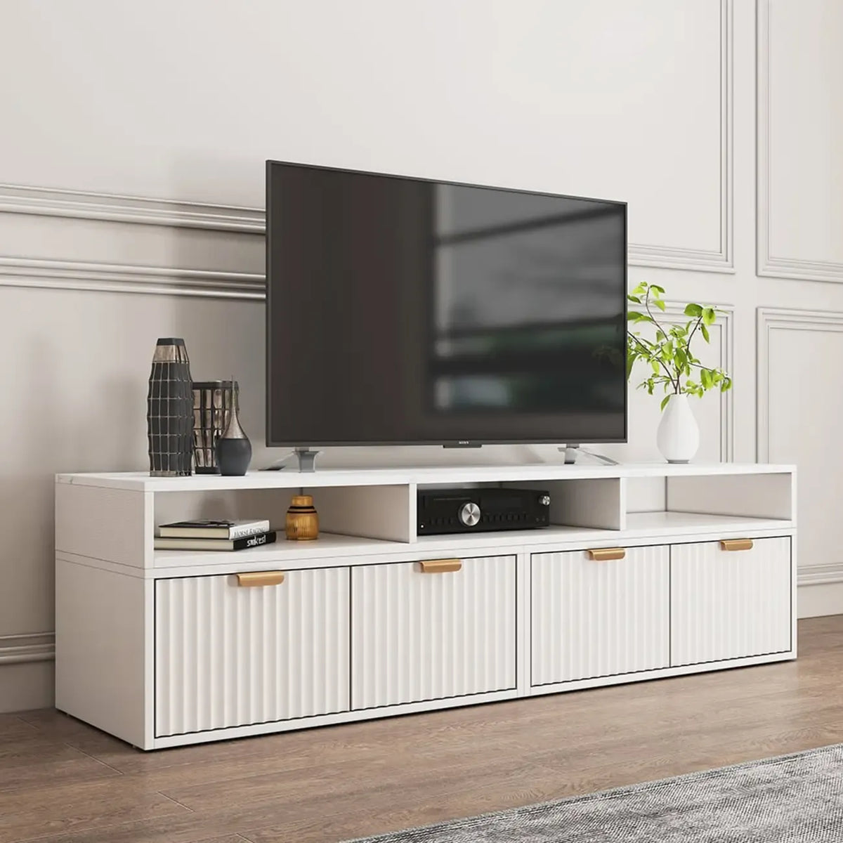 Mobile TV angolare con 2 cassetti e vani a giorno, bianco moderno