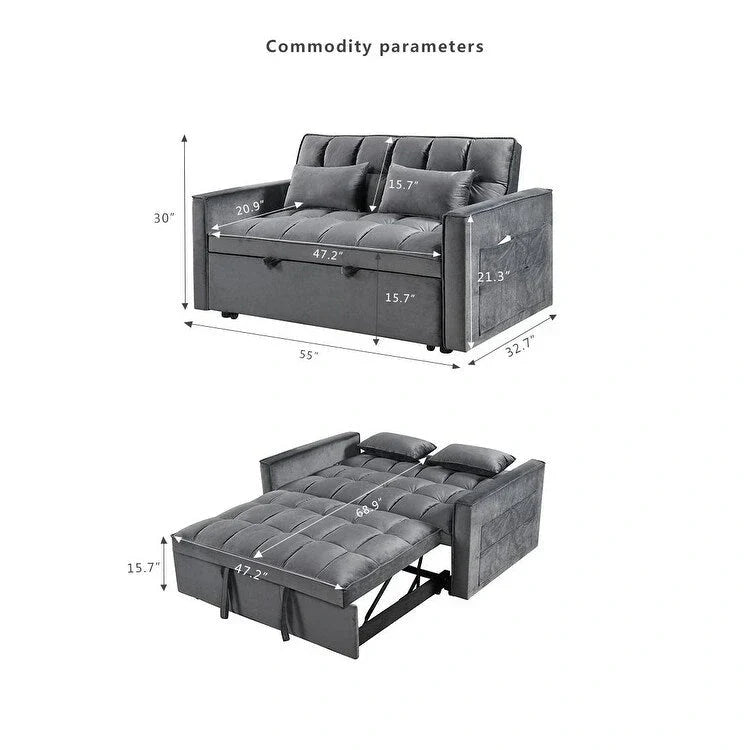 Divanetto futon moderno in velluto con schienale reclinabile e tasche, 2 posti – Grigio scuro / Grigio chiaro / Blu / Nero