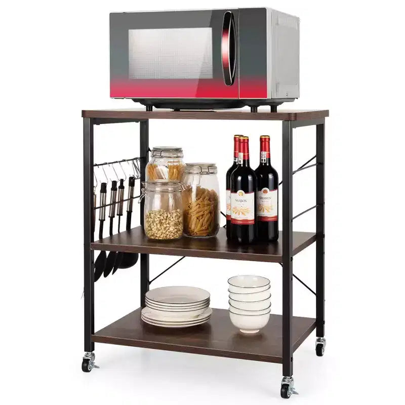 Scaffale da Cucina a 3 Livelli Costway, Carrello per Forno a Microonde con Gancio