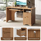 Scrivania Smart Bestier 55 per computer, scrivania da scrittura in rovere con cassetti portadocumenti e presa di corrente, scrivania direzionale con vani a giorno e vassoio per tastiera