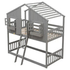 Letto a castello a casetta singolo su singolo con tetto, finestra, fioriera, porta, con sponde di sicurezza e scaletta, Grigio