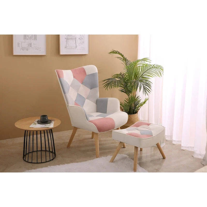 Poltrona con Pouf, Set Sedia e Ottomana per Soggiorno, Comoda Poltroncina Laterale per Camera da Letto, Superficie in Tessuto con Giunture Creative