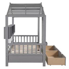 Letto a casetta in legno per bambini, piazza singola/matrimoniale, con 2 cassetti e ripiano portaoggetti - ModernLuxe