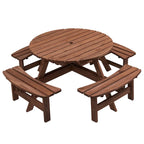 Set da pranzo rotondo da picnic per 8 persone in legno di abete da esterno con 4 panche integrate e foro per ombrellone