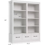Bibliothèque et étagères de 64 H, étagère avec 3 tiroirs de rangement, étagère ouverte à 4 niveaux double largeur pour bureau salon