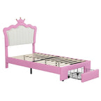 Letto Imbottito Singolo con Luci LED, Letto Imbottito Moderno da Principessa con Testiera a Corona, un Cassetto, Rosa+Bianco