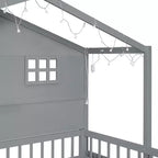 Letto a capanna per bambini con scaffali e sponde, Struttura letto in legno stile Montessori per bambini con finestra e striscia luminosa scintillante